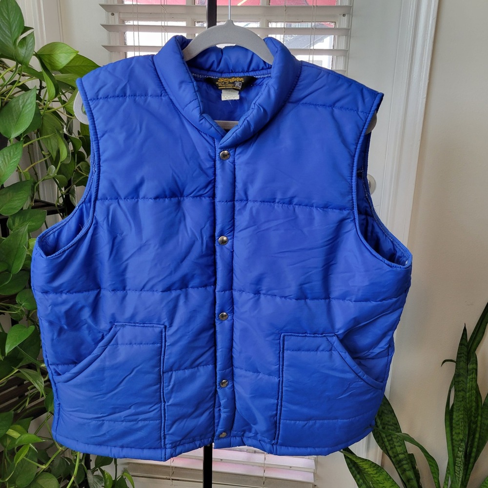 Vintage Swingster Puffer Vest Mens XL Blue Polar Guard Quilted Snap Front USA